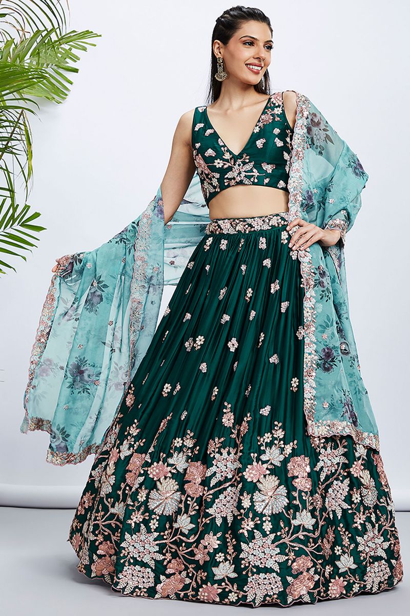 Green Designer Lehenga With Sequins Work Designs And Enigmatic Blouse