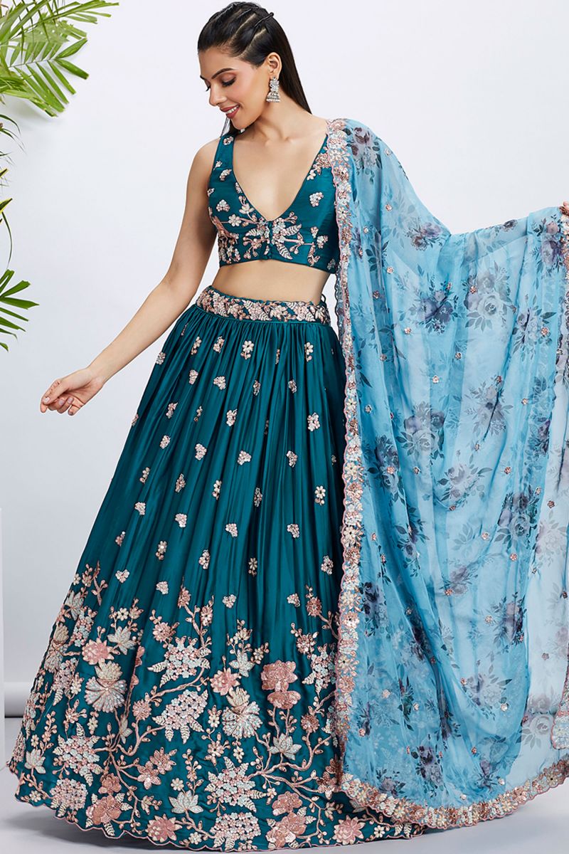 Sequins Work Occasion Wear Lehenga In Teal Georgette Fabric