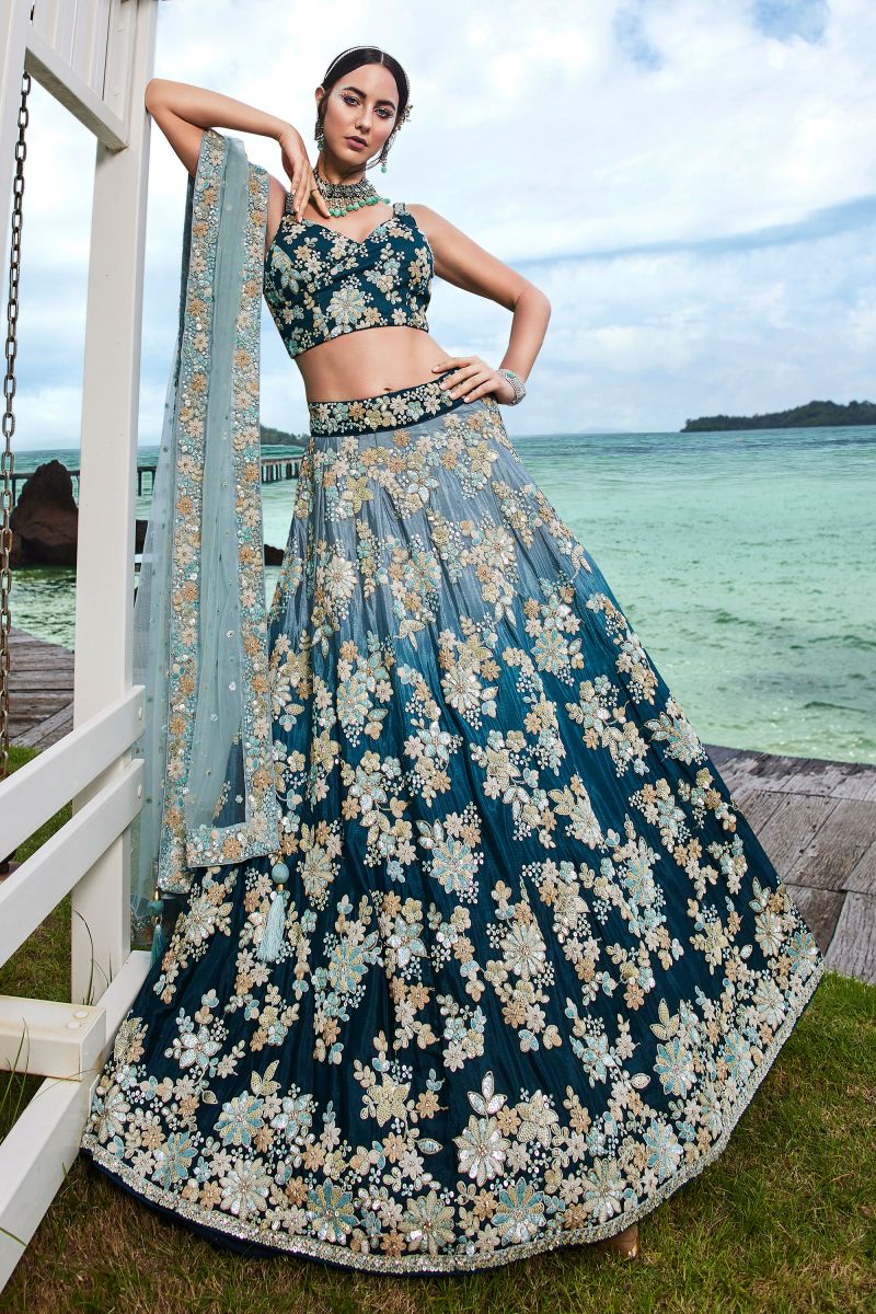 Sequins Work On Teal Designer 3 Piece Lehenga Choli In Georgette Fabric