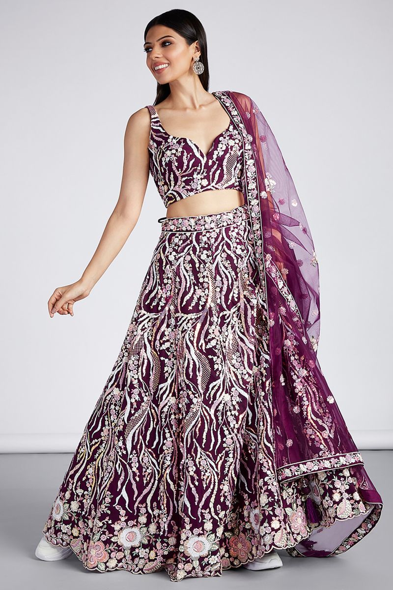 Attractive Burgundy Net Sequins Embroidery Lehenga Choli