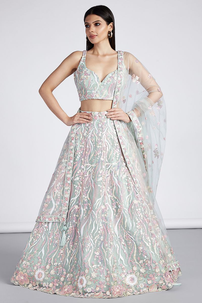 Pretty Sea Green Color Net Fabric Sequins Embroidery Lehenga Choli