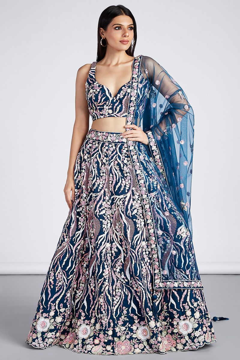 Fashionable Navy Blue Net Sequins Embroidery Lehenga Choli