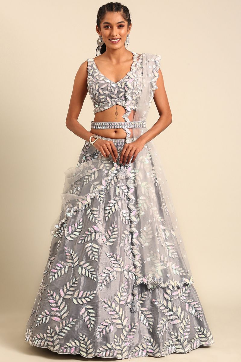 Sequins Work Organza Wedding Wear Lehenga In Grey With Ravishing Blouse