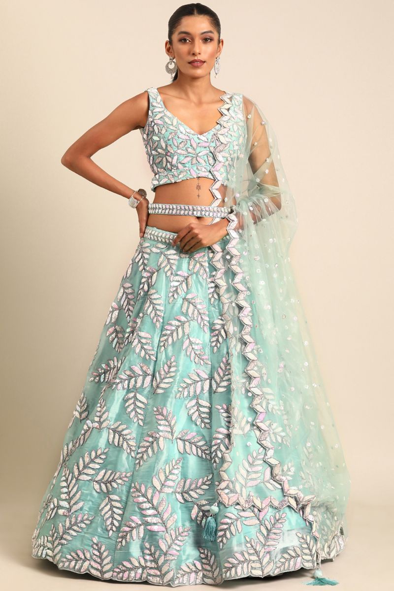 Light Cyan Organza Sangeet Wear Sequins Work Chaniya Choli