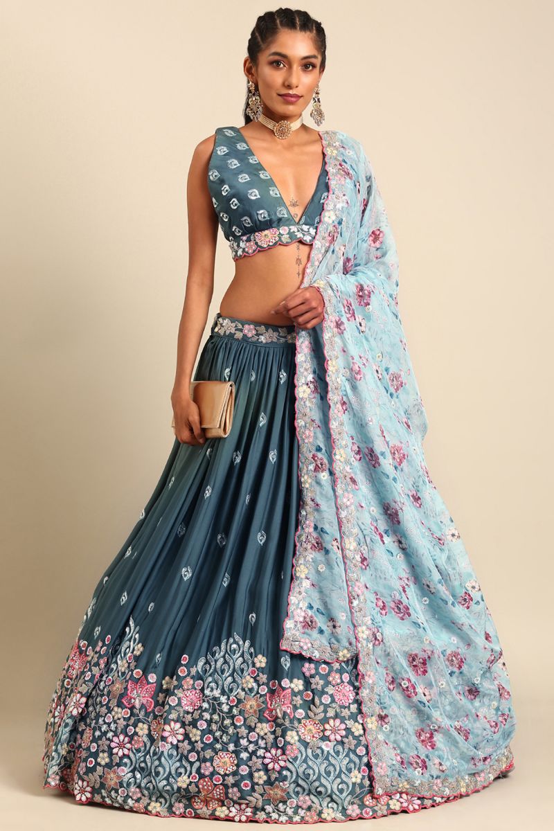 Occasion Wear Blue Sequins Work Lehenga In Georgette Fabric With Designer Blouse