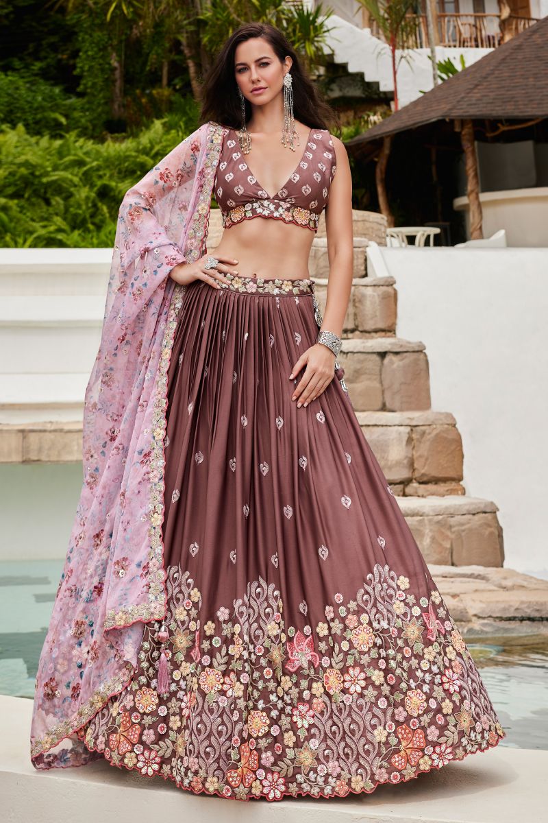 Stylish Brown Color Georgette Fabric Sequins Embroidery Lehenga Choli