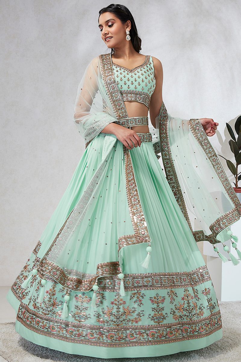 Georgette Sea Green Sangeet Wear 3 Piece Sequins Work Lehenga With Enigmatic Blouse