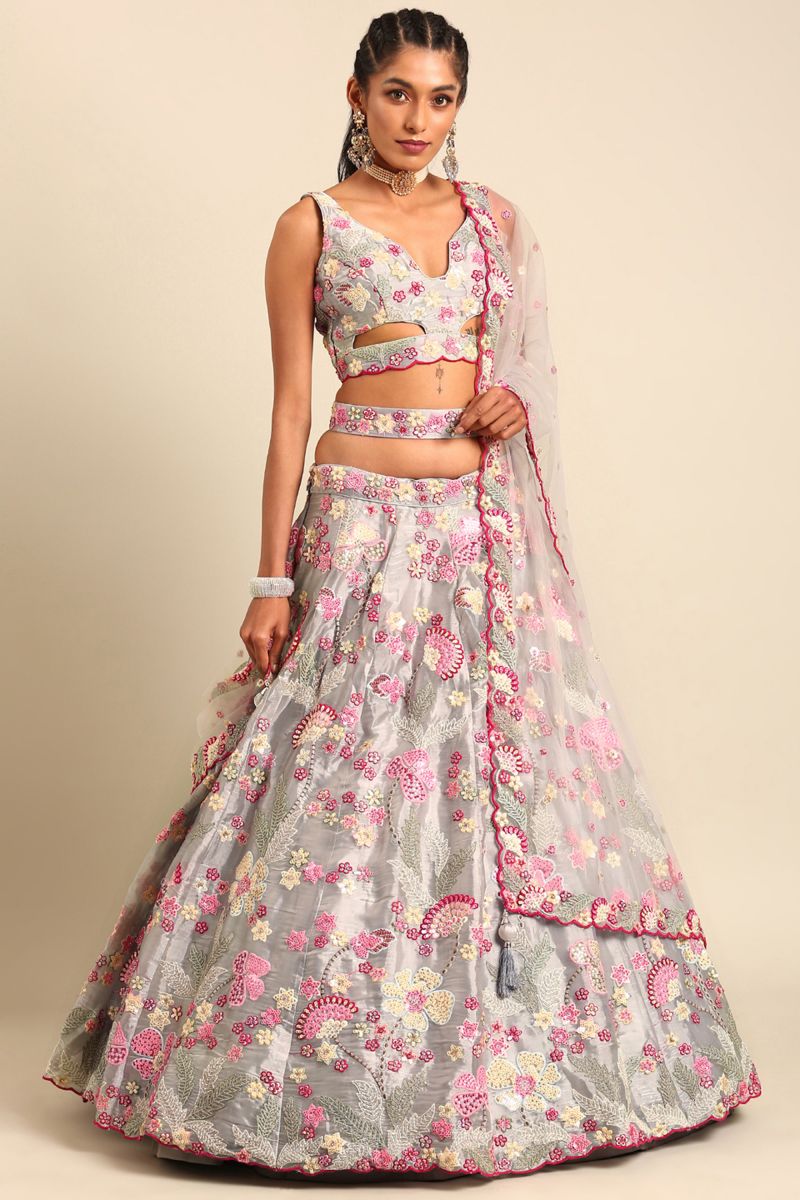 Organza Grey Sangeet Wear 3 Piece Sequins Work Lehenga With Enigmatic Blouse