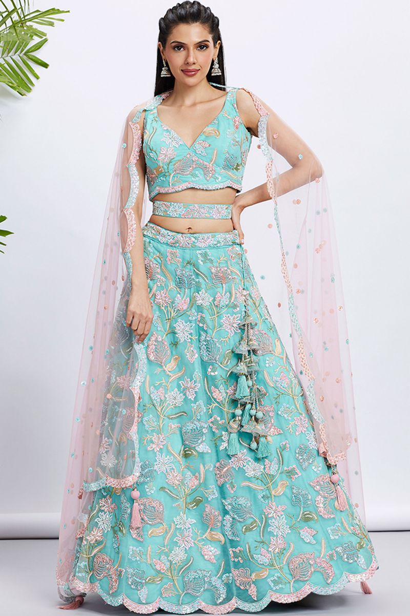 Sequins Work On Turquoise Blue Sangeet Wear Net 3 Piece Lehenga Choli