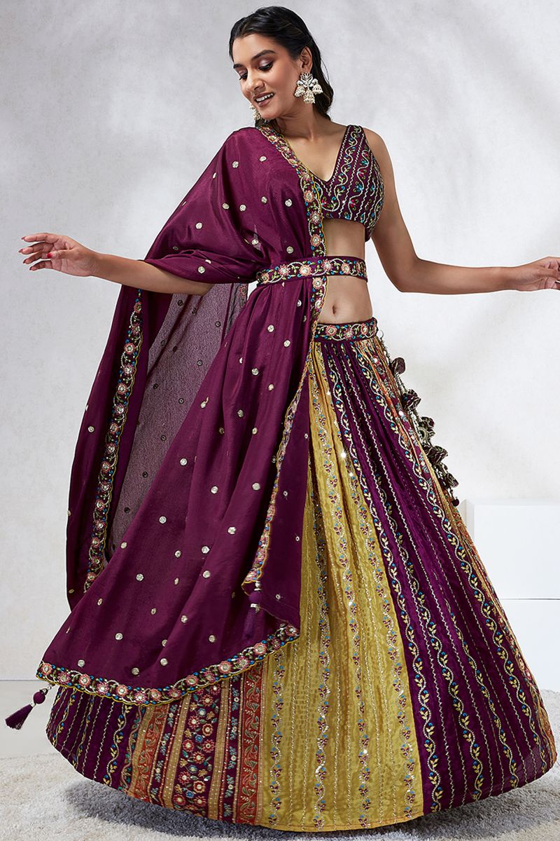 Chiffon Silk Fabric Wedding Wear Lehenga Choli In Burgundy With Sequins Work