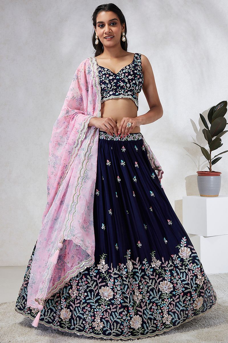 Sequins Work Navy Blue Georgette Fabric Sangeet Wear Lehenga Choli