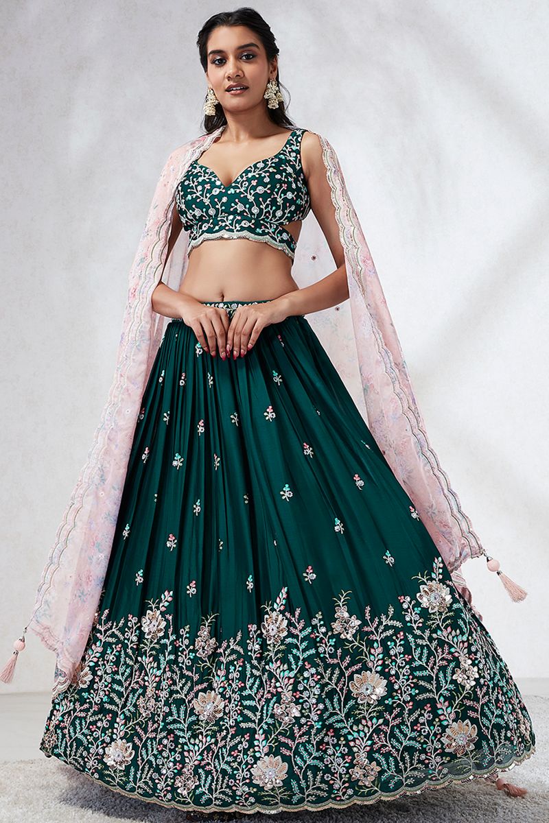 Georgette Fabric Green Designer 3 Piece Lehenga Choli With Sequins Work Designs