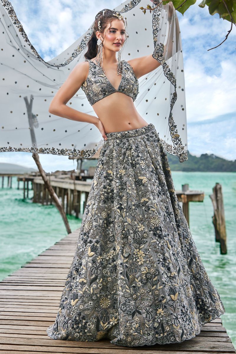 Organza Grey Designer Sequins Work On Top Lehenga Choli