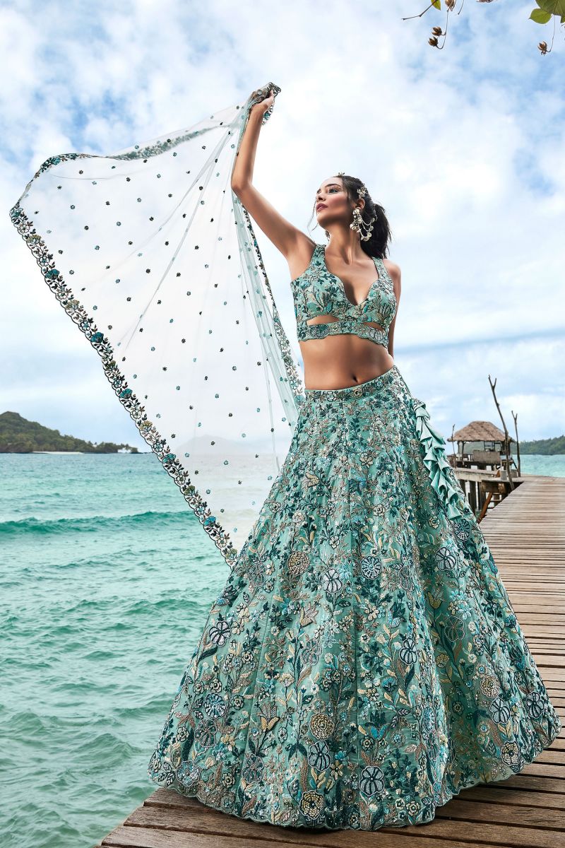 Sequins Work Turquoise Blue Designer Lehenga Choli In Organza Fabric