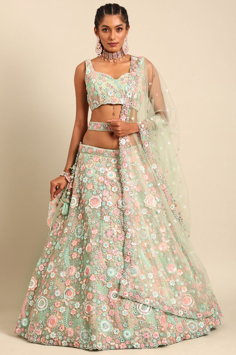 Sea Green Net Fabric Occasion Wear Lehenga Choli With Sequins Work