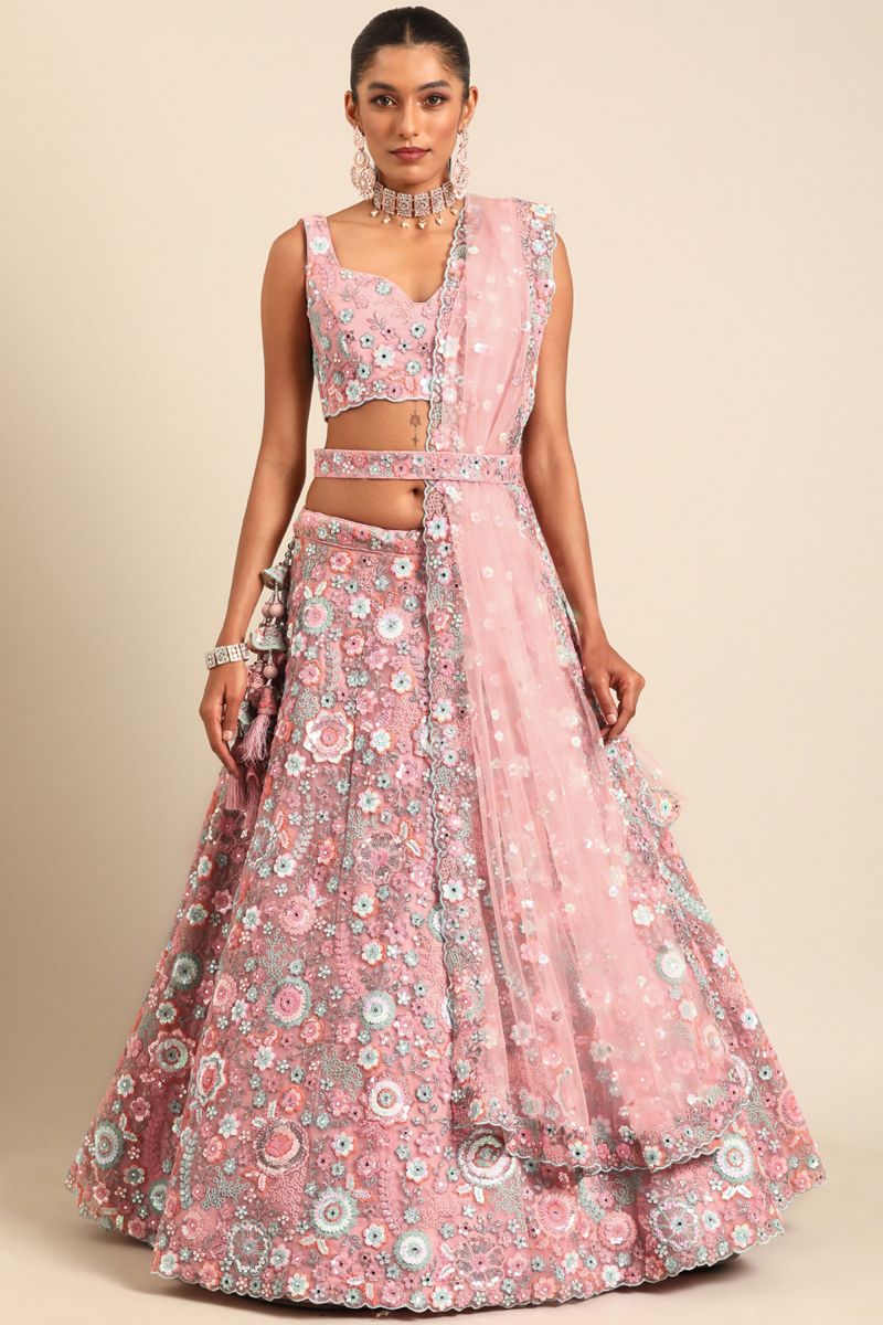 Occasion Wear Lehenga Choli In Pink Net Fabric With Sequins Work