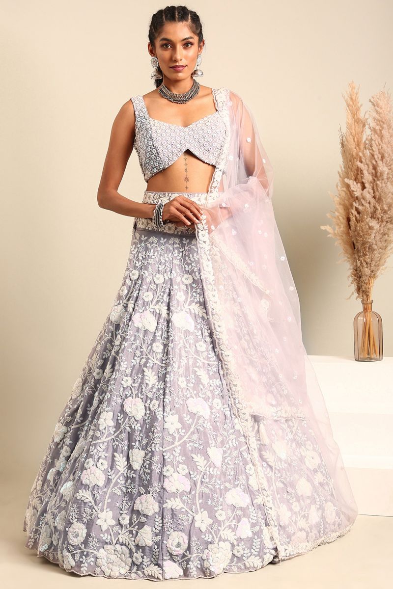 Sequins Work Lavender Georgette Fabric Sangeet Wear Lehenga Choli