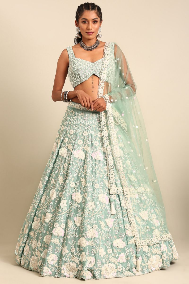 Georgette Fabric Sea Green Designer 3 Piece Lehenga Choli With Sequins Work Designs