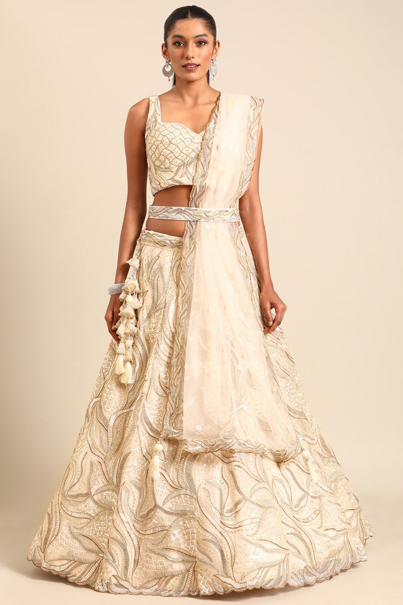 Cream Sequins Work Net Fabric Reception Wear Lehenga With Enchanting Blouse