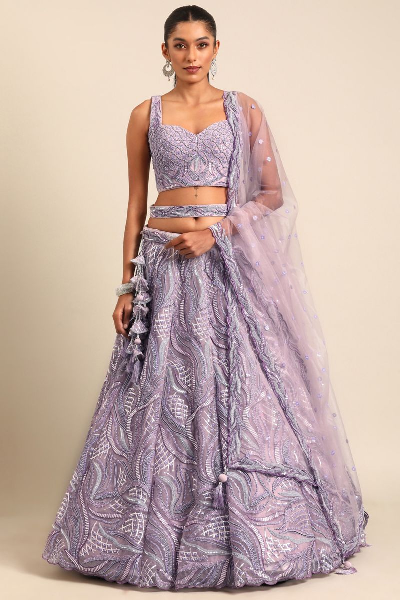 Sequins Work On Lavender Net Fabric Occasion Wear Lehenga Choli