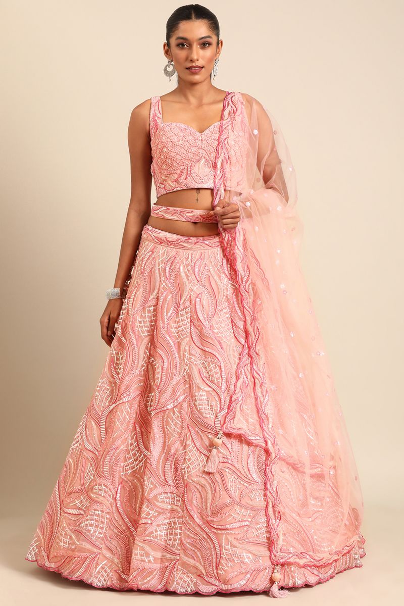 Sequins Work Designs On Net Fabric Pink Weding Wear Lehenga Choli