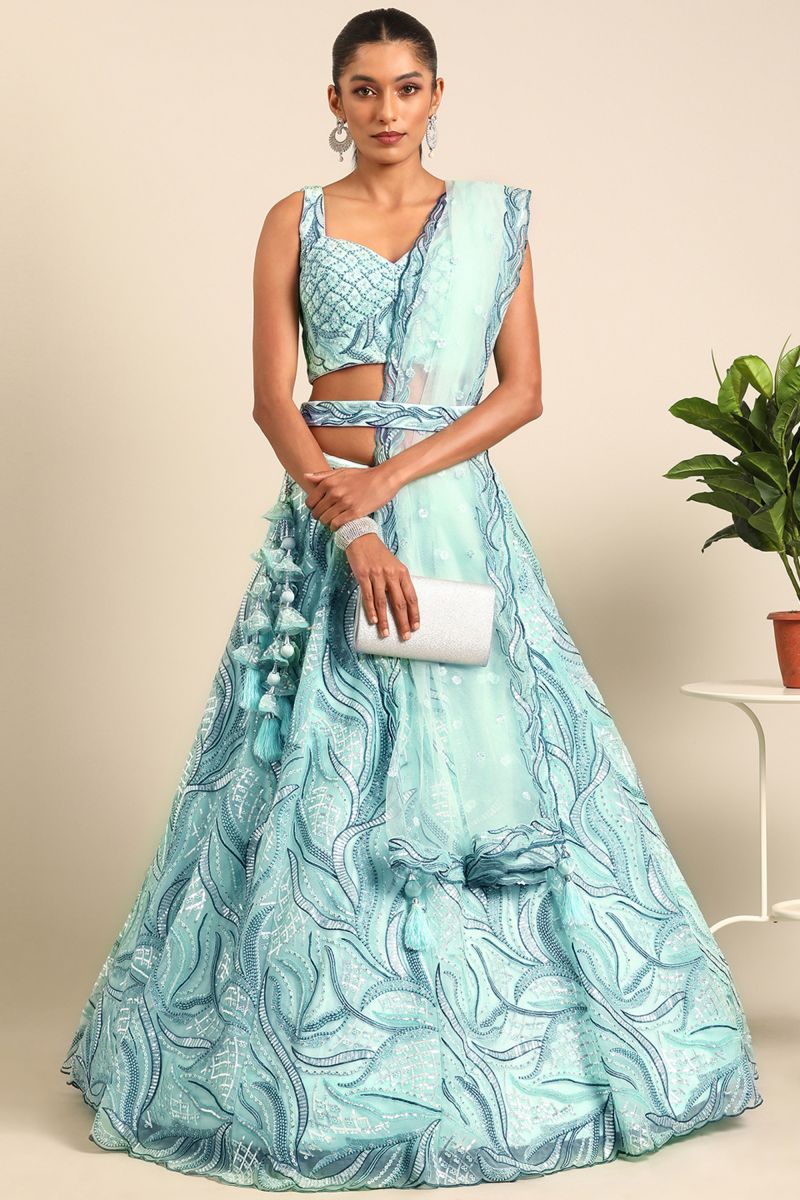 Net Fabric Function Wear Sequins Work Lehenga Choli In Light Cyan Color