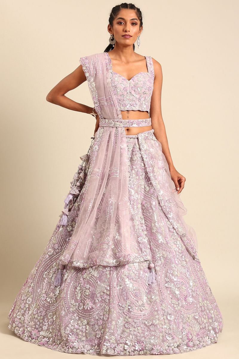 Net Fabric Lavender Occasion Wear Lehenga Choli With Sequins Work