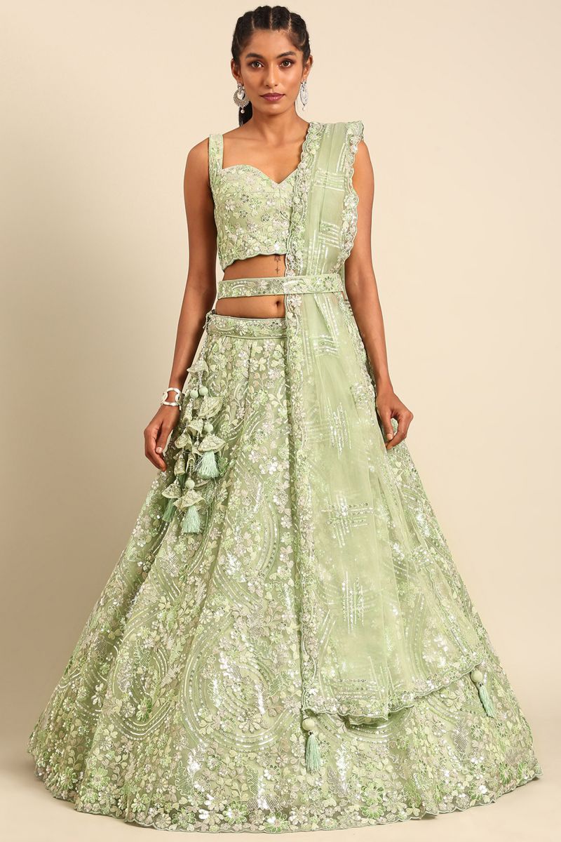 Sea Green Sequins Work Designs Wedding Wear Lehenga And Enigmatic Blouse