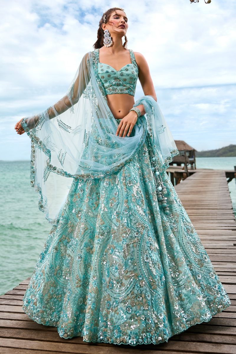 Excellent Cyan Color Net Fabric Sequins Embroidery Lehenga Choli