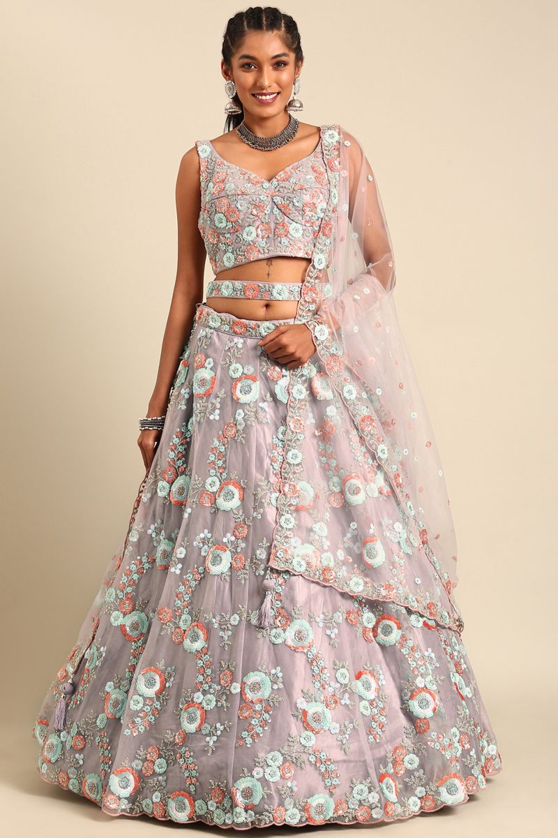 Lavender Net Fabric Occasion Wear Sequins Work Lehenga Choli