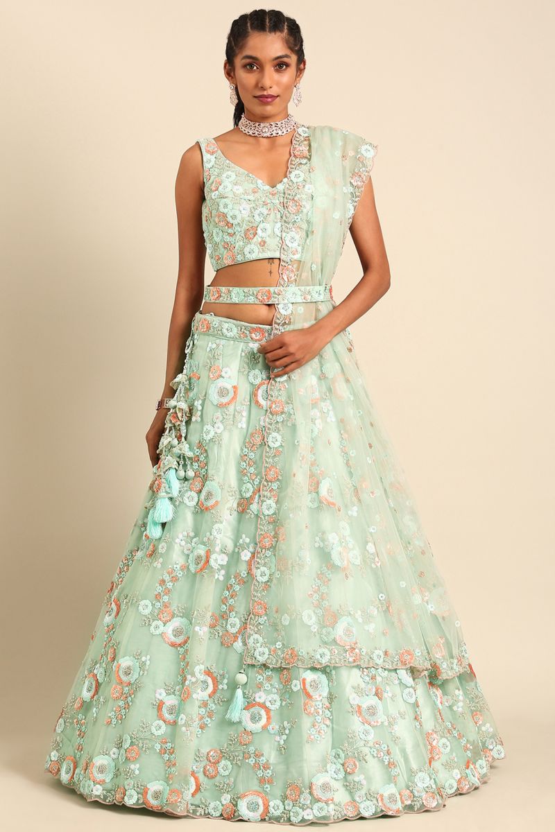 Sequins Work Sea Green Designer 3 Piece Lehenga Choli In Net Fabric