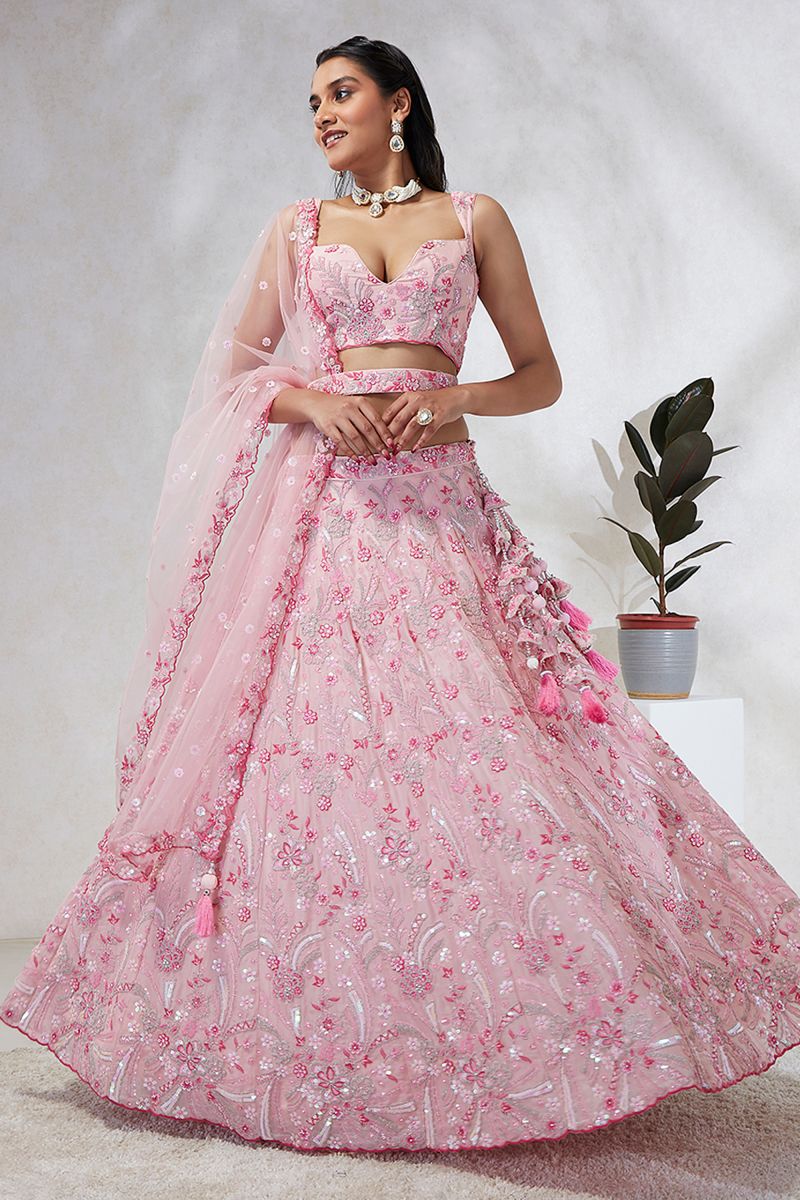 Sequins Work Designs On Georgette Fabric Pink Weding Wear Lehenga Choli