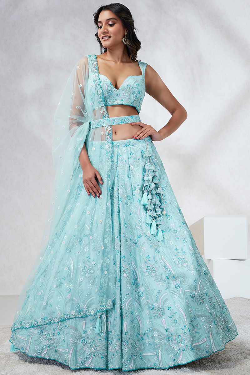 Georgette Fabric Light Cyan Occasion Wear Lehenga Choli With Sequins Work