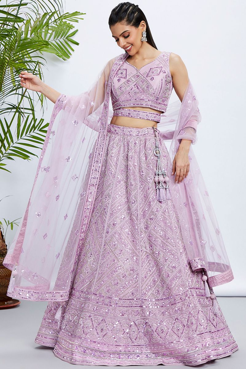 Lavender Net Wedding Wear 3 Piece Lehenga Choli With Sequins Work