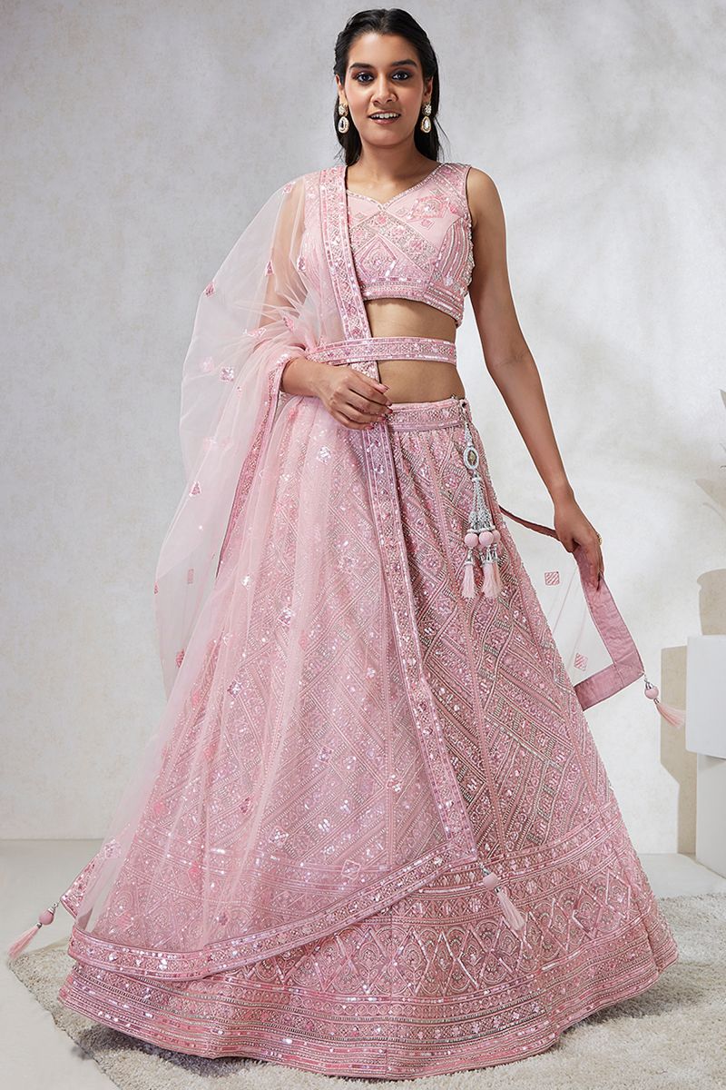 Pink Color Net Fabric Heavy Sequins Work Wedding Function Designer Lehenga Choli