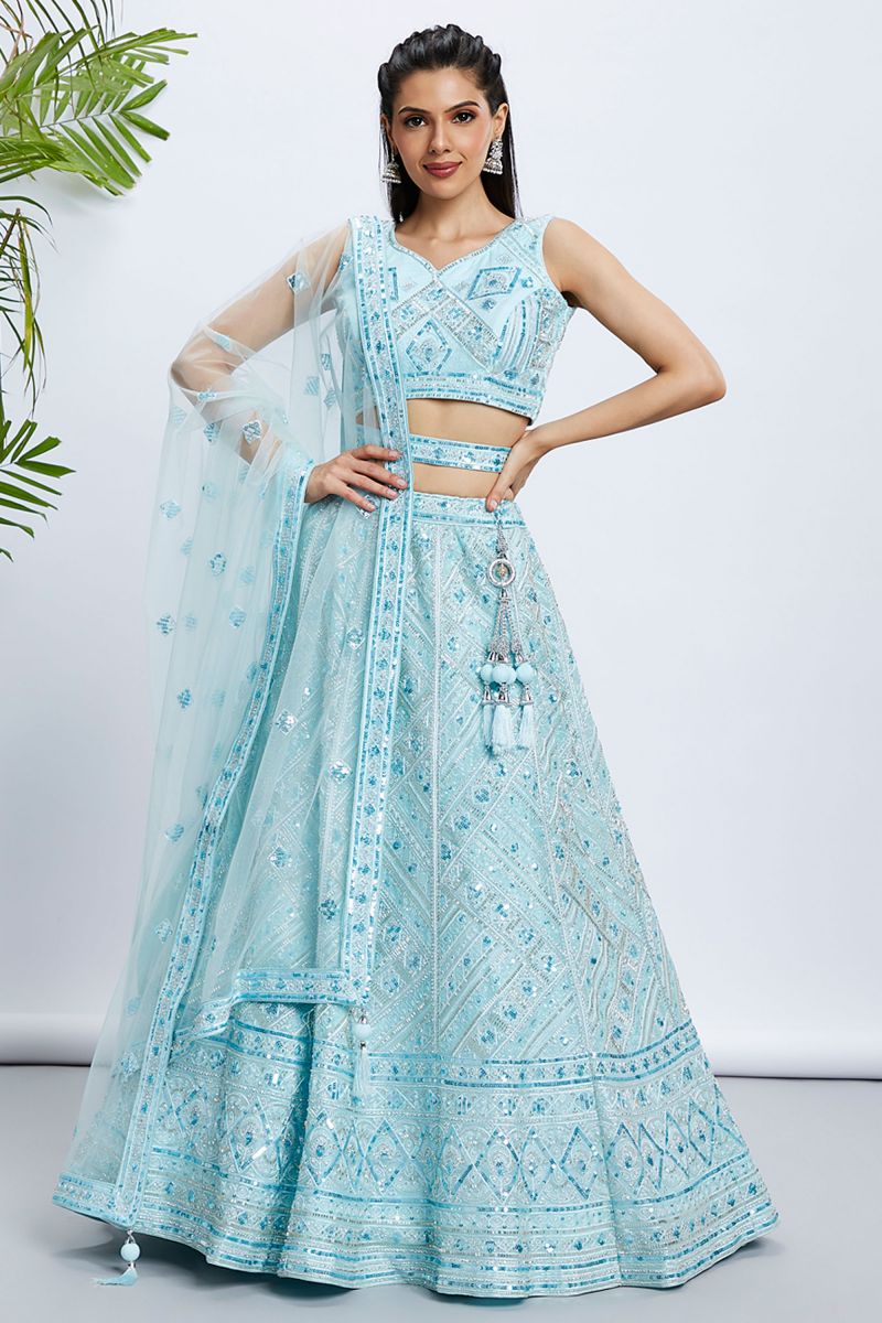 Turquoise Blue Net Reception Wear Lehenga Choli With Sequins Work