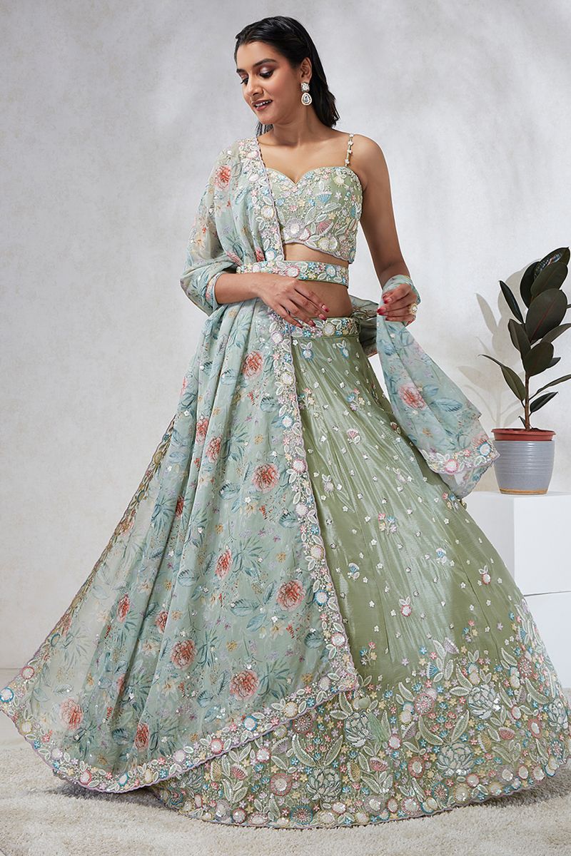 Sequins Work Sea Green Designer 3 Piece Lehenga Choli In Chiffon Silk Fabric