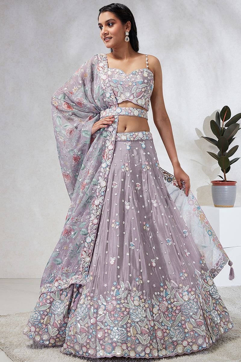 Sequins Work Lavender Designer 3 Piece Lehenga Choli In Chiffon Silk Fabric