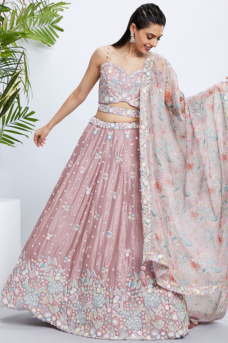 Chiiffon Silk Rose Gold Wedding Wear 3 Piece Lehenga Choli With Sequins Work