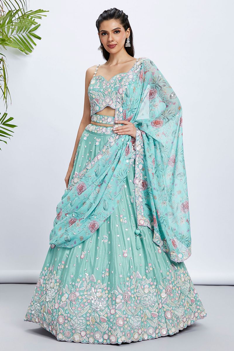 Sequins Work Sea Green Designer Bridal Lehenga Choli In Chiiffon Silk Fabric