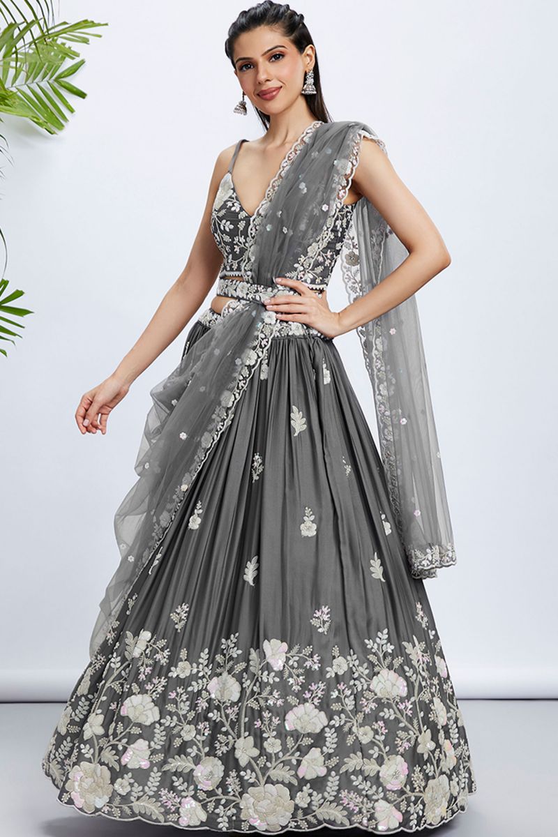 Grey Sequins Work Wedding Wear Lehenga Choli In Georgette Fabric