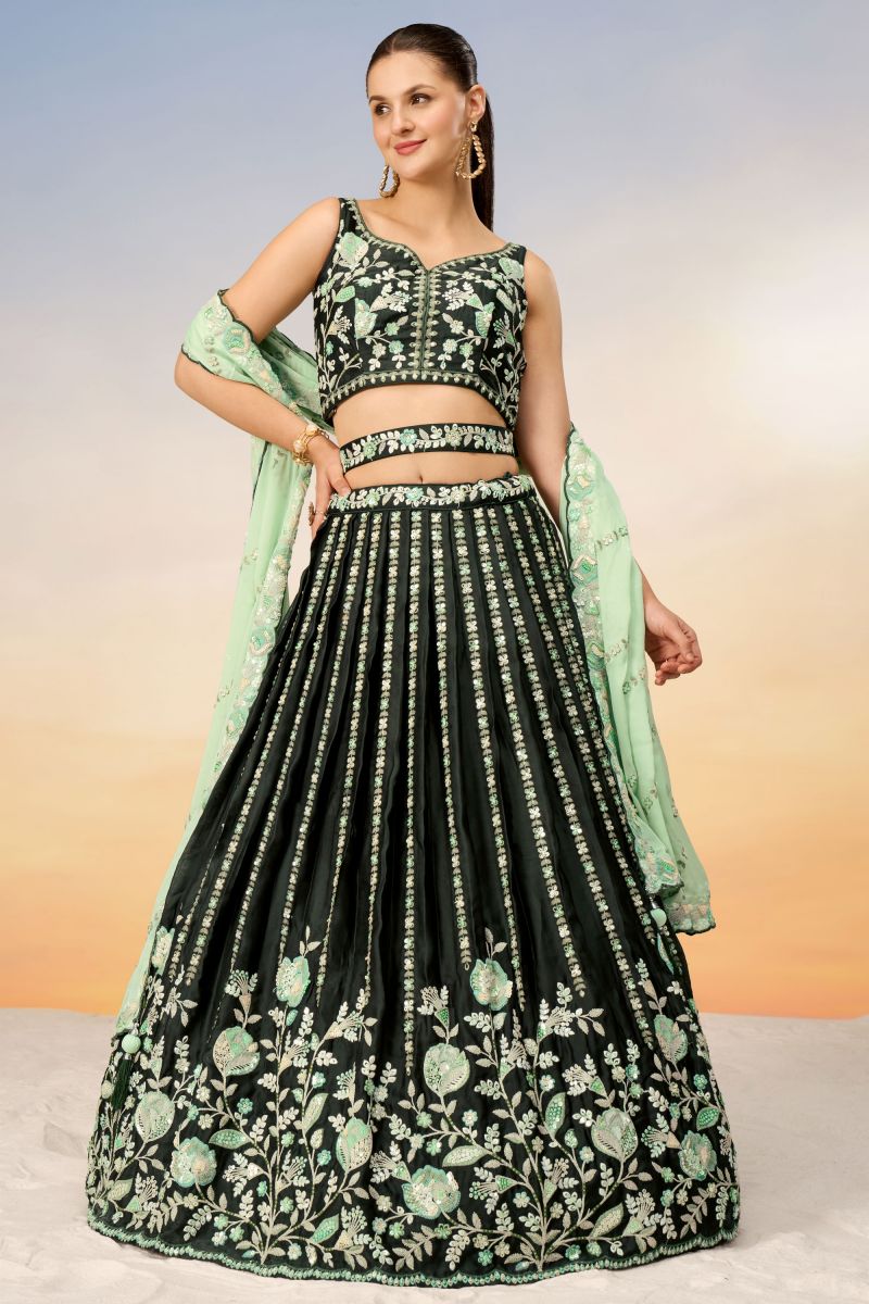 Satin Green Occasion Wear Lehenga Choli With Sequins Work