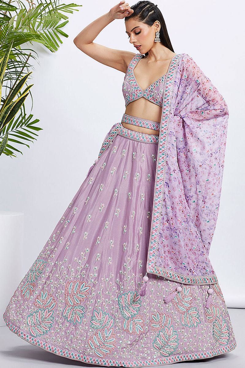 Sequins Work On Chiffon Designer Lehenga In Lavender With Blouse