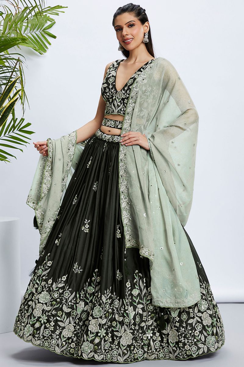 Silk Wedding Wear Chaniya Choli In Olive With Sequins Work And Designer Blouse