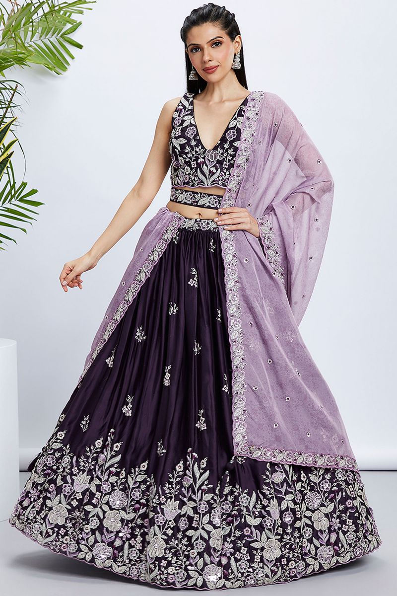 Purple Silk Reception Wear 3 Piece Lehenga With Sequins Work And Embellished Blouse