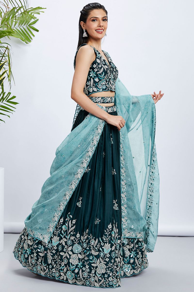 Teal Silk Fabric Occasion Wear Chaniya Choli With Sequins Work And Blouse