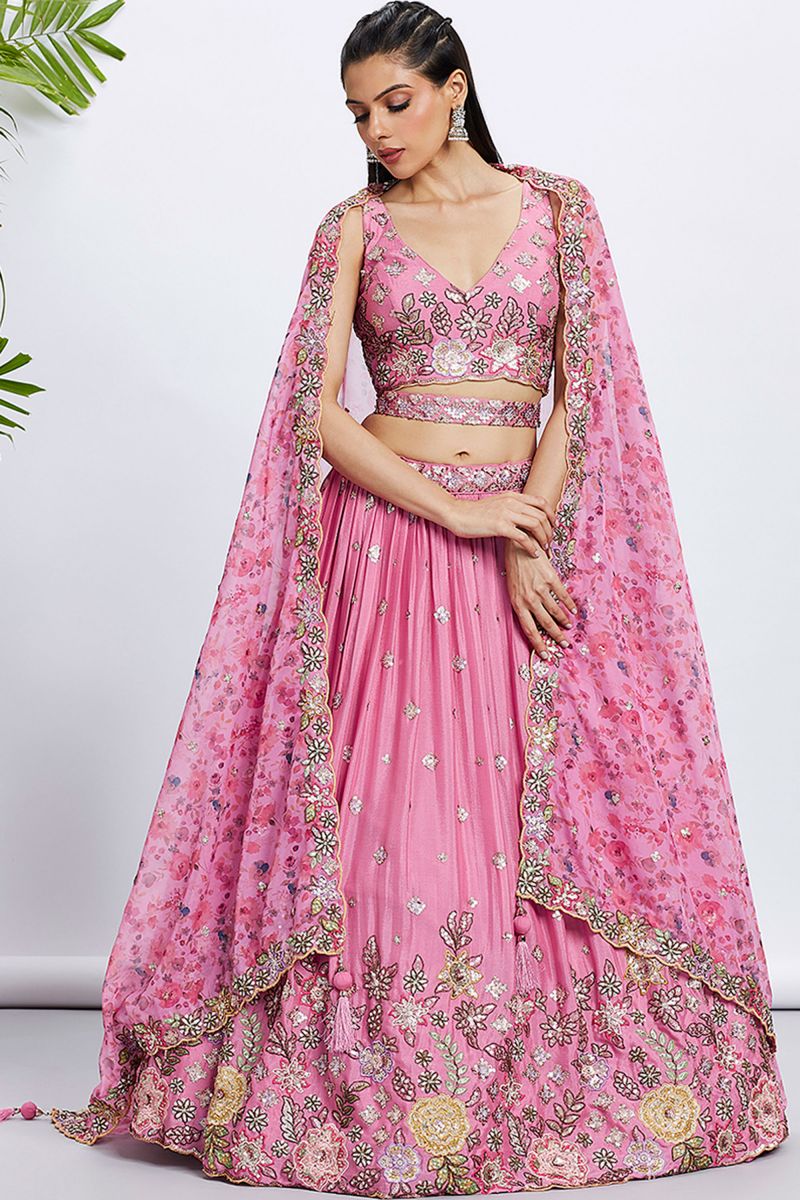 Sequins Work On Pink Chiffon Silk Designer Lehenga With Mesmerizing Blouse