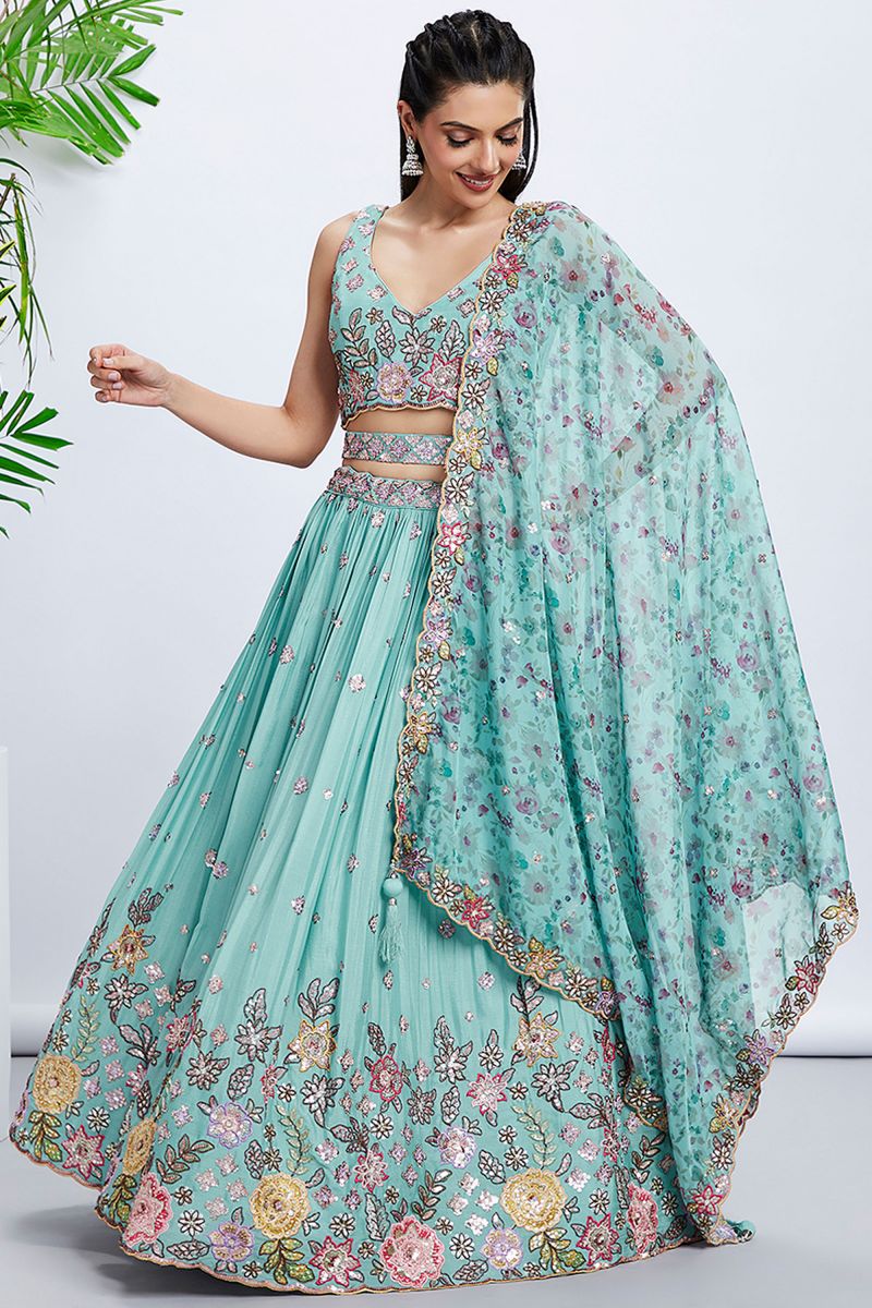 Chiffon Silk Turquoise Blue Fucntion Wear Lehenga With Sequins Work And Artistic Blouse