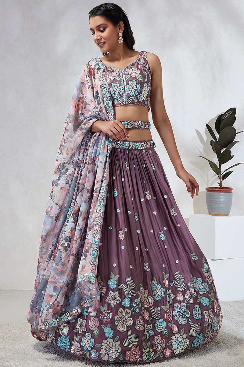 Occasion Wear Sequins Work Lehenga Choli In Lavender Georgette Fabric