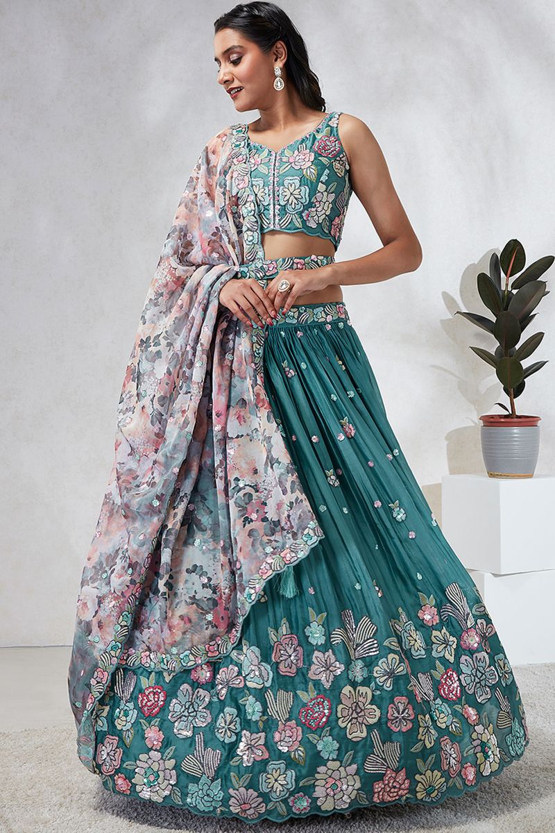 Sequins Work Teal Georgette Fabric Festive Wear Lehenga Choli